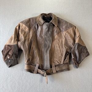 VTG 80s Kids Leather Bomber Jacket Brown Patchwork Canada Size 4 Aviator Style